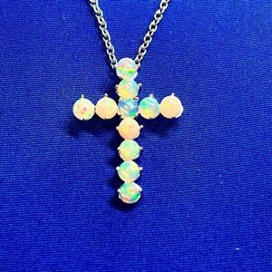 Natural Opal Cross Pendant Necklace 20" 14k WG 4.50 CT Certified $3,250 311040